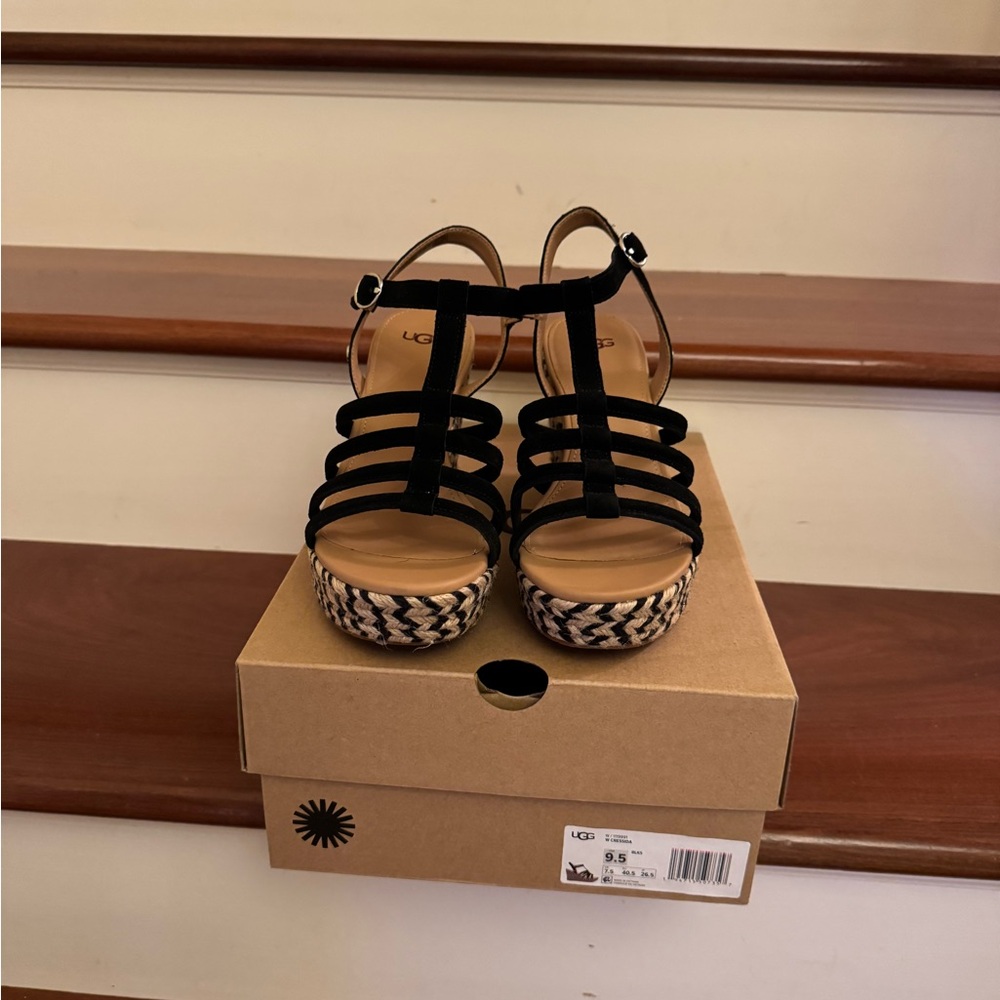 UGG Black Strappy Wedge Sandals size 9.5   NWT